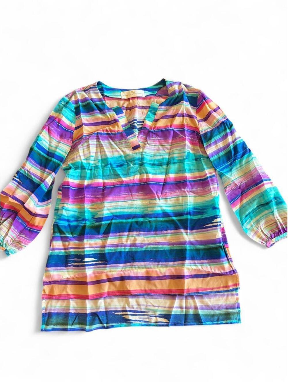 Amanda Uprichard 100% silk multicolor striped tunic blouse with a boho vibe.